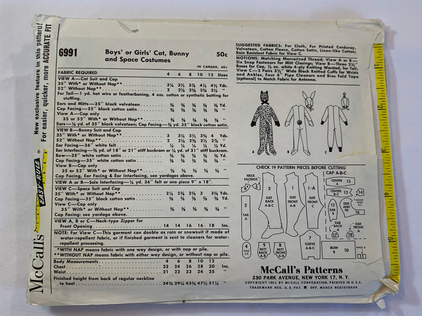McCall's Sewing Pattern 6991 Crafts Boys'/Girls, Costumes, Halloween, Bunny, Cat, Astronaut, Dress-up, Size 6, Cut, Vintage 1963