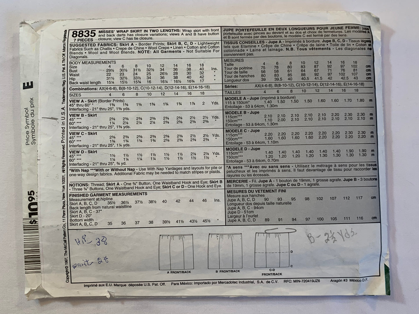 McCall's Sewing Pattern 8835 Misses' Wrap Skirt, Two Lengths, Darts, Button/Tie Closures, Size 10-12, Cut, Vintage 1997