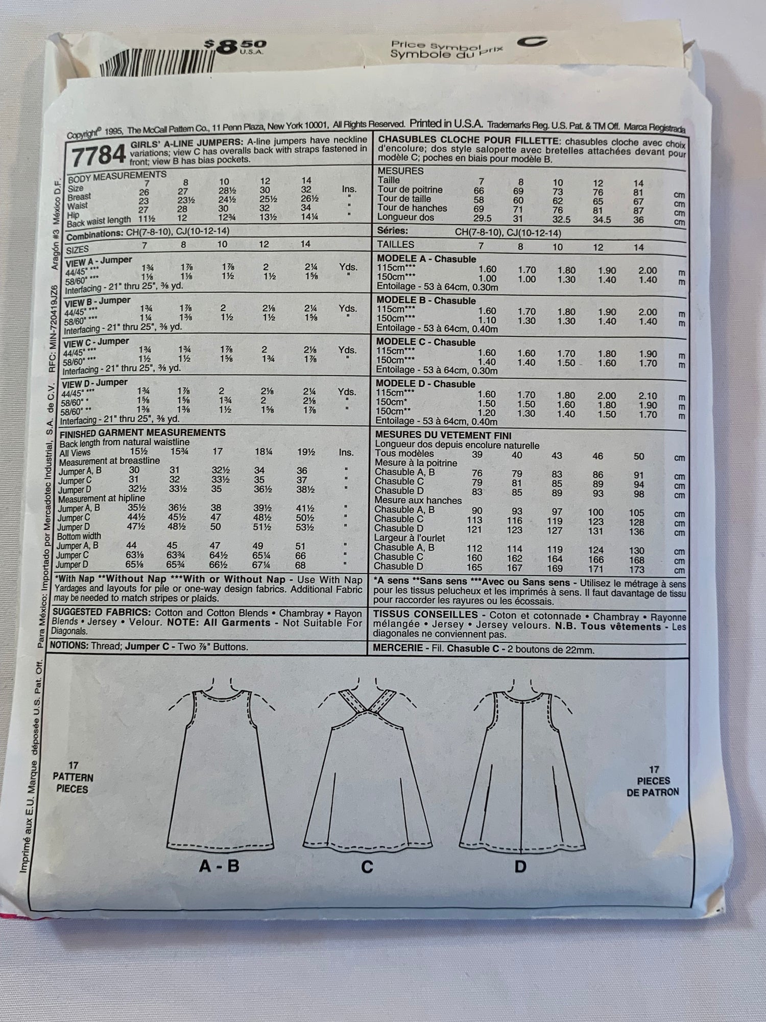 McCall's Sewing Patterns 7784 Girl's Jumpers, Dress, A-Line, Overalls Back, Pockets, 4 Variations, Sleeveless, Size 10-14, Cut, Vintage 1995