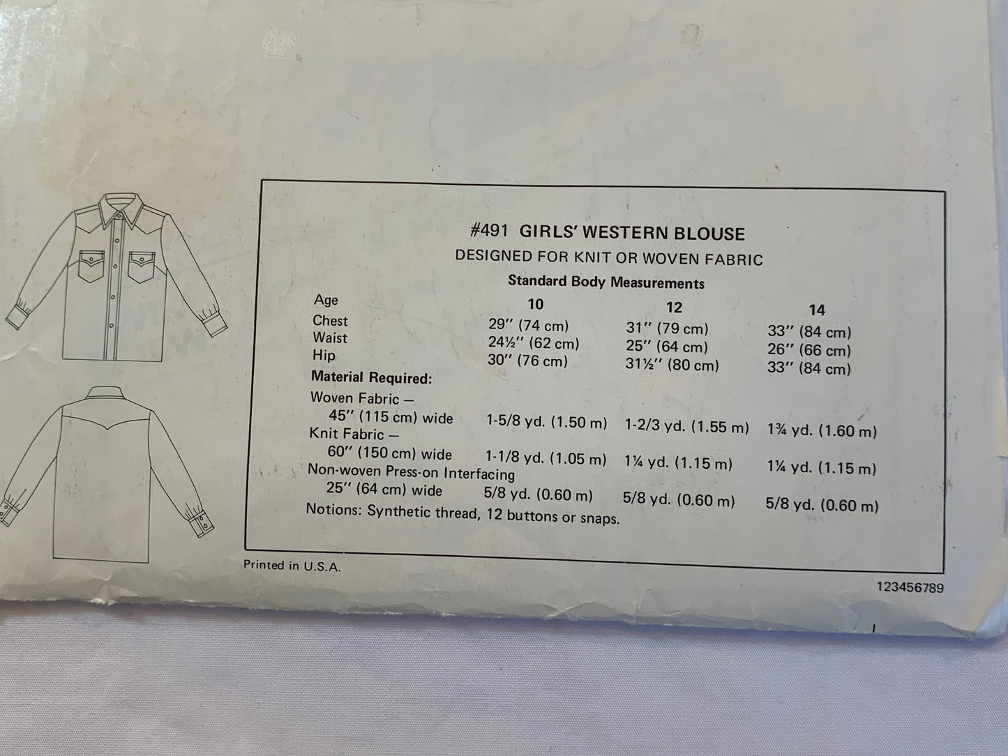 KWIK Sewing Pattern 491 Girls' Western Blouse, Long Sleeves, Collar, Cuffs, Pockets, Button/Snap Front, Size10-14, Cut, Vintage 1993