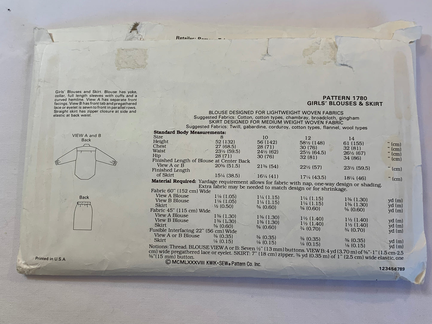 KWIK Sewing Pattern 1780 Misses' Skirt, Top, Long Sleeves, Elastic Waist, Blouse, Size 8-14, Cut, Vintage 1993