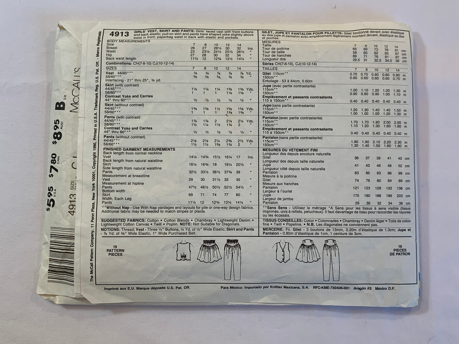 McCall's Sewing Pattern 49137 Girls' Vest, Skirt, Pants, Button Front, Elastic Waist, Pockets, Pull-On, Gathered, Size 10-14, Cut, Vintage 1990