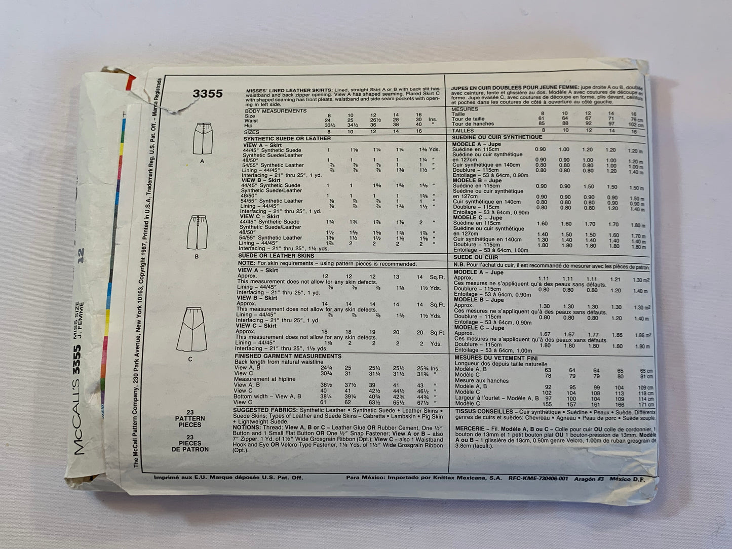 McCall's Sewing Pattern 3355 Misses' Skirt, Lined Leather, Straight, Zipper Back, Pleats, Pockets, Size 12, Cut, Vintage 1987
