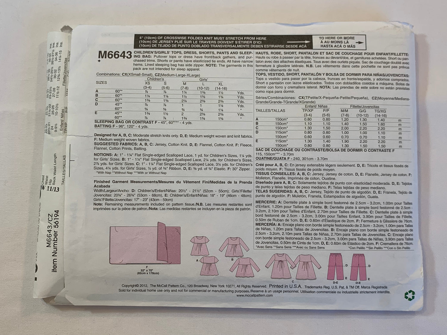 McCall's Sewing Pattern M6643 Girls' Tops, Dresses, Shorts, Pants, Sleeping Bag, Pullover, Elastic Waist, Pockets, Side Zipper, Size 7-16, Cut, 2012