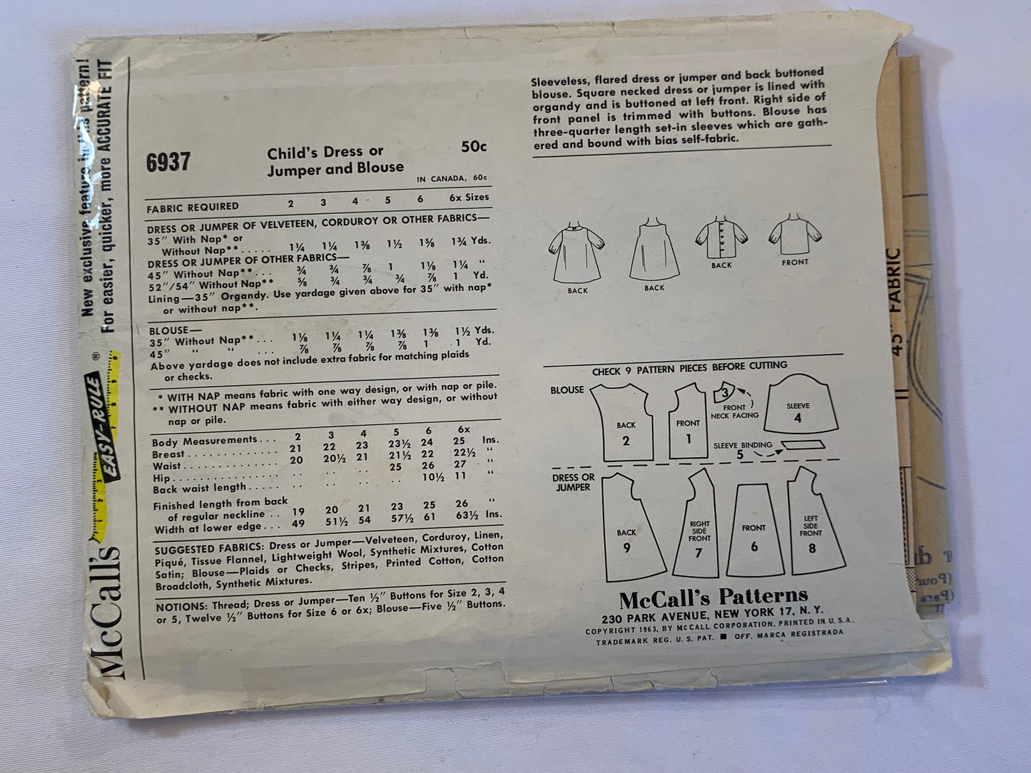 McCall's Sewing Patterns 6937 Girl's Jumper, Dress, Blouse, Back Buttoned, Flared, Long Sleeves, Sleeveless, Size 3, Cut, Vintage 1963