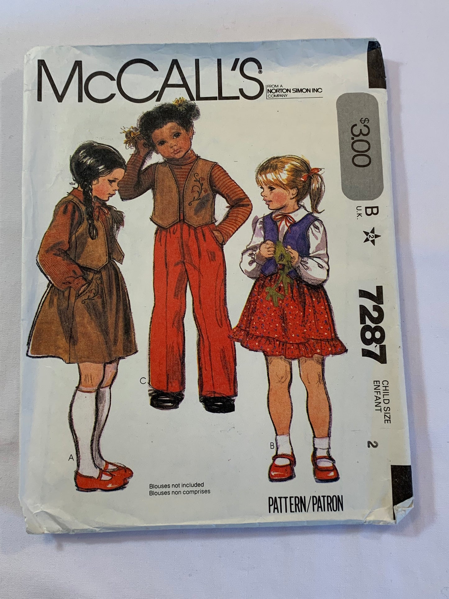 McCall's Sewing Pattern 7287 Girls' Pull-On Skirt, Blouse, Lined Vest, Pants, Button Front, Pockets, Size 2, Cut, Vintage 1994