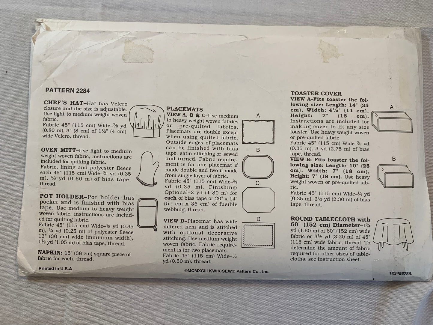 Kwik Sewing Pattern 2284 Crafts, Chef's Hat, Oven Mitt, Pot Holdetr, Napkin, Placemats, Toaster Cover, Round Tablecloth, Uncut, Vintage 1993