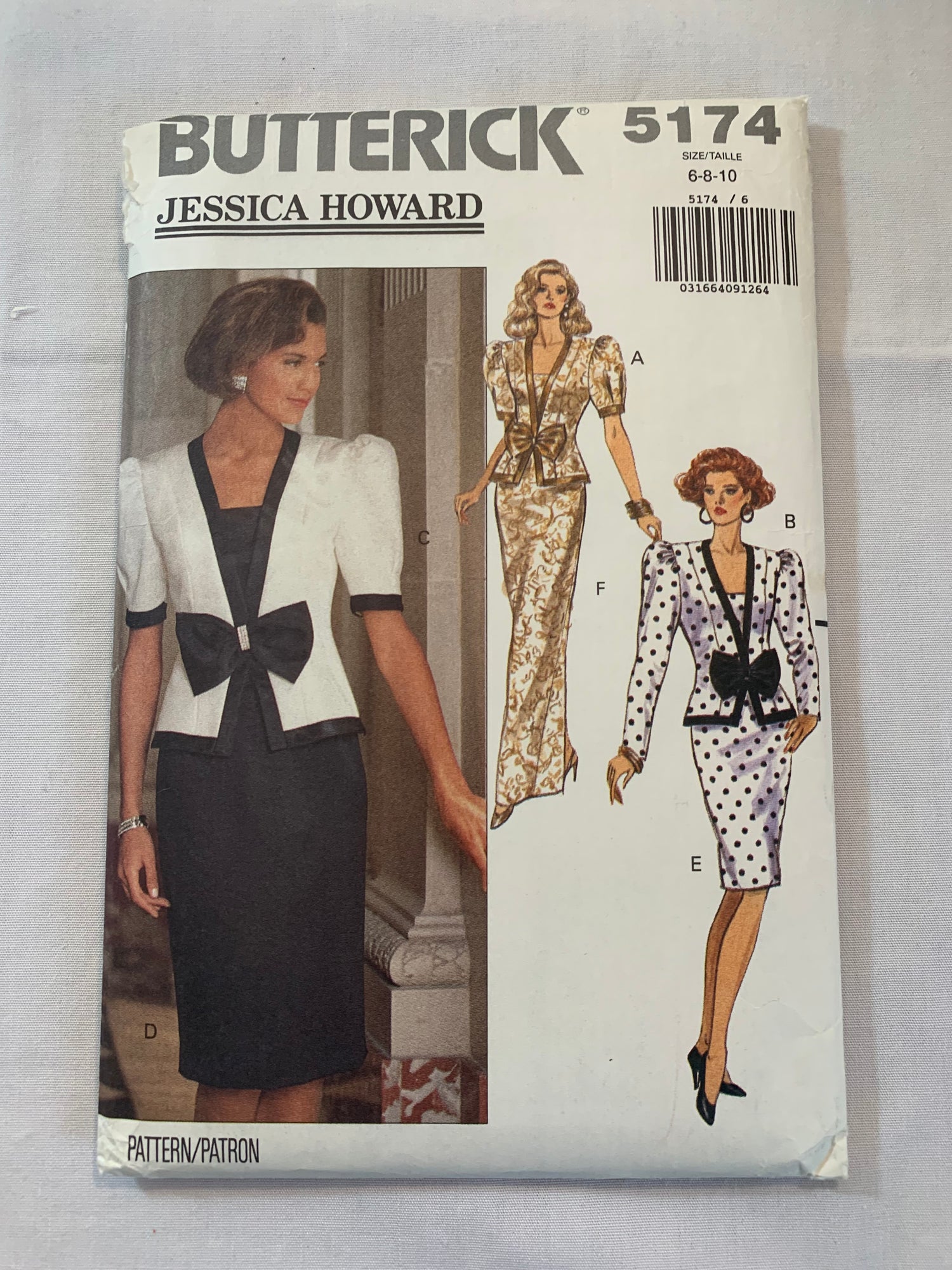 Butterick Jessica Howard Sewing Pattern 5174 Misses' Top, Skirt, Shoulder Pads, Princess Seams, Semi-Fitted, Zipper Back, 3 Lengths, Size 6-10, Uncut, Vintage 1990