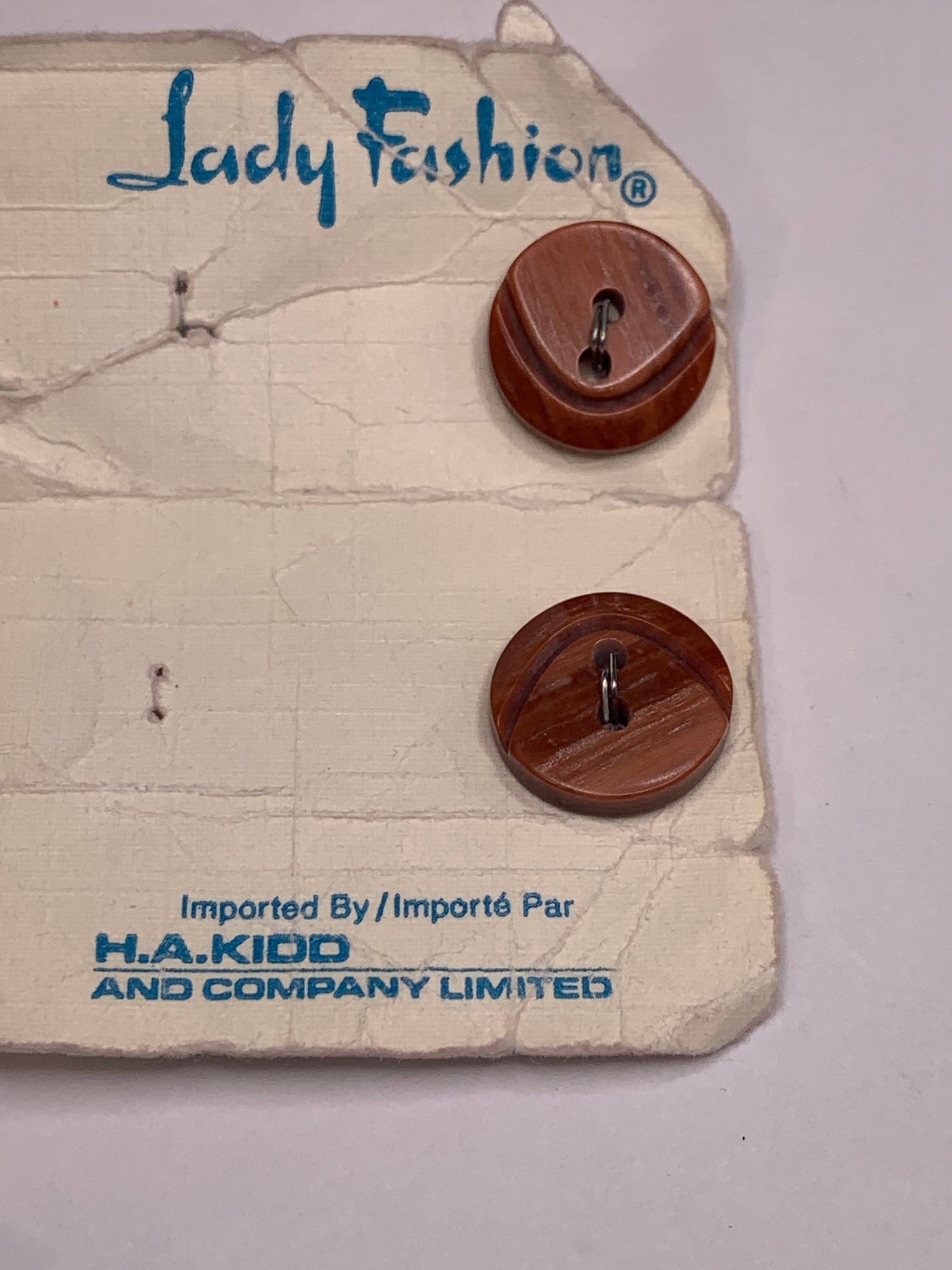 Vintage 2 Round Plastic Buttons, Two Holes, Brown, 1.5 cm, New/Old Stock