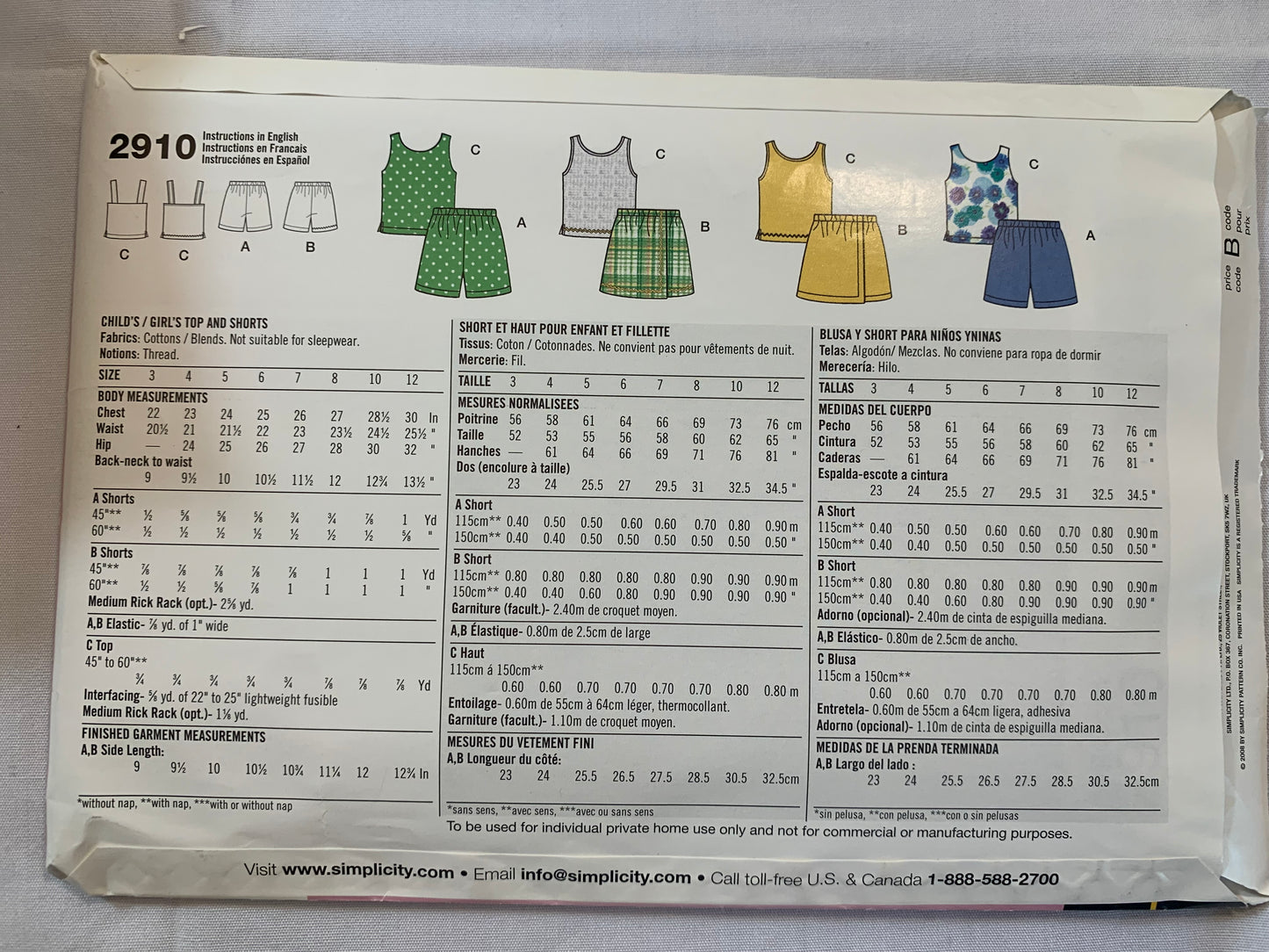 Simplicity Sewing Pattern 2910 Girls' Tops, Shorts, Pullover, Elastic Waist, Pull-On, Sleevesless, Shoulder Straps, Size 3-12, Uncut, 2008