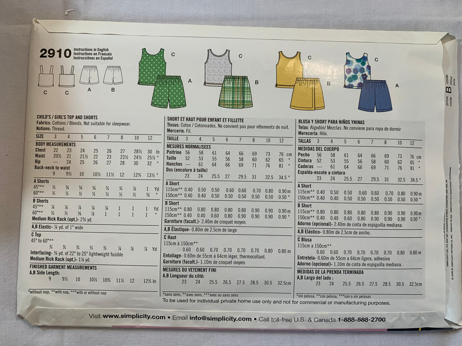 Simplicity Sewing Pattern 2910 Girls' Tops, Shorts, Pullover, Elastic Waist, Pull-On, Sleevesless, Shoulder Straps, Size 3-12, Uncut, 2008