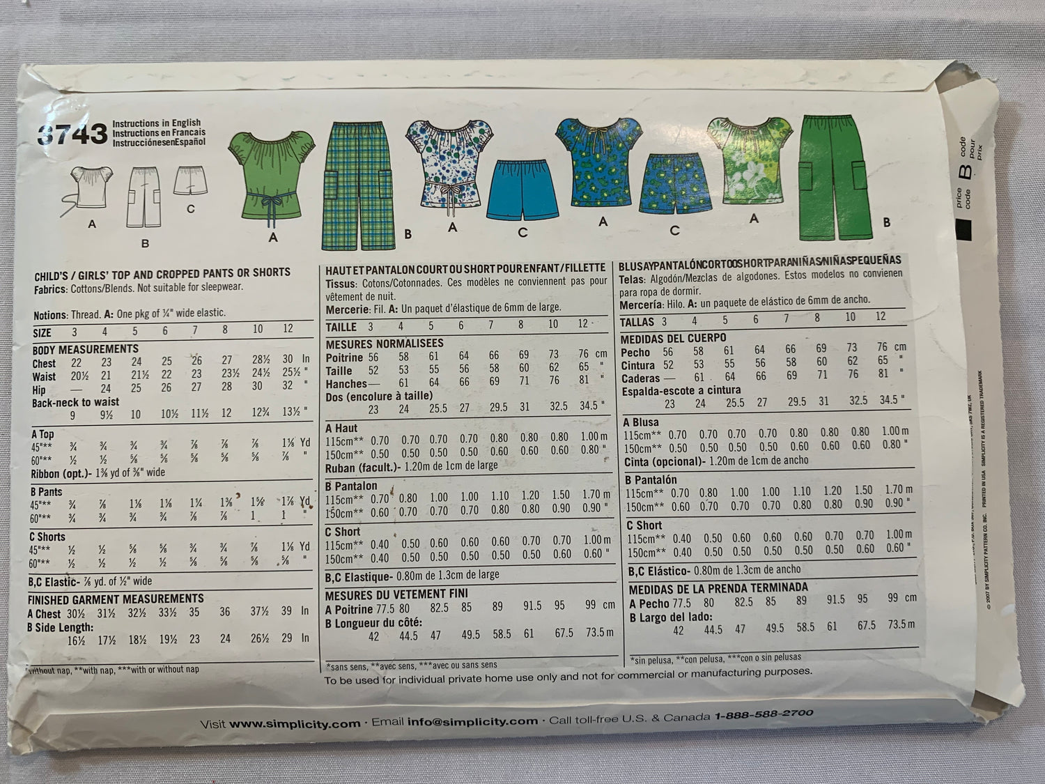 Simplicity Sewing Pattern 3743 Girls' Tops, Chopped Pants, Shorts, Pockets, Elastic Waist, Cap Sleeves, Size 3-12, Uncut, 2007