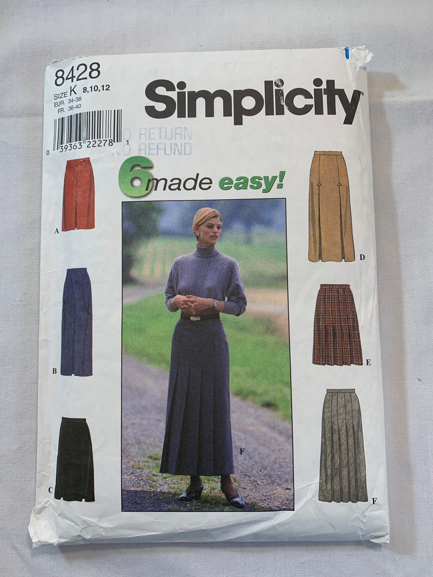 Simplicity Sewing Pattern 8428 Misses' Skirt, Zipper Back, Two Lengths, 7 Variations, Size 8-12, Uncut, Vintage 1998