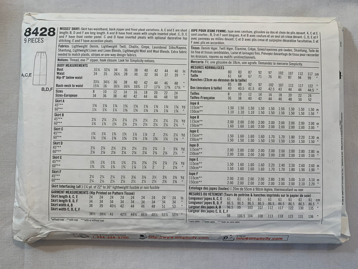 Simplicity Sewing Pattern 8428 Misses' Skirt, Zipper Back, Two Lengths, 7 Variations, Size 8-12, Uncut, Vintage 1998