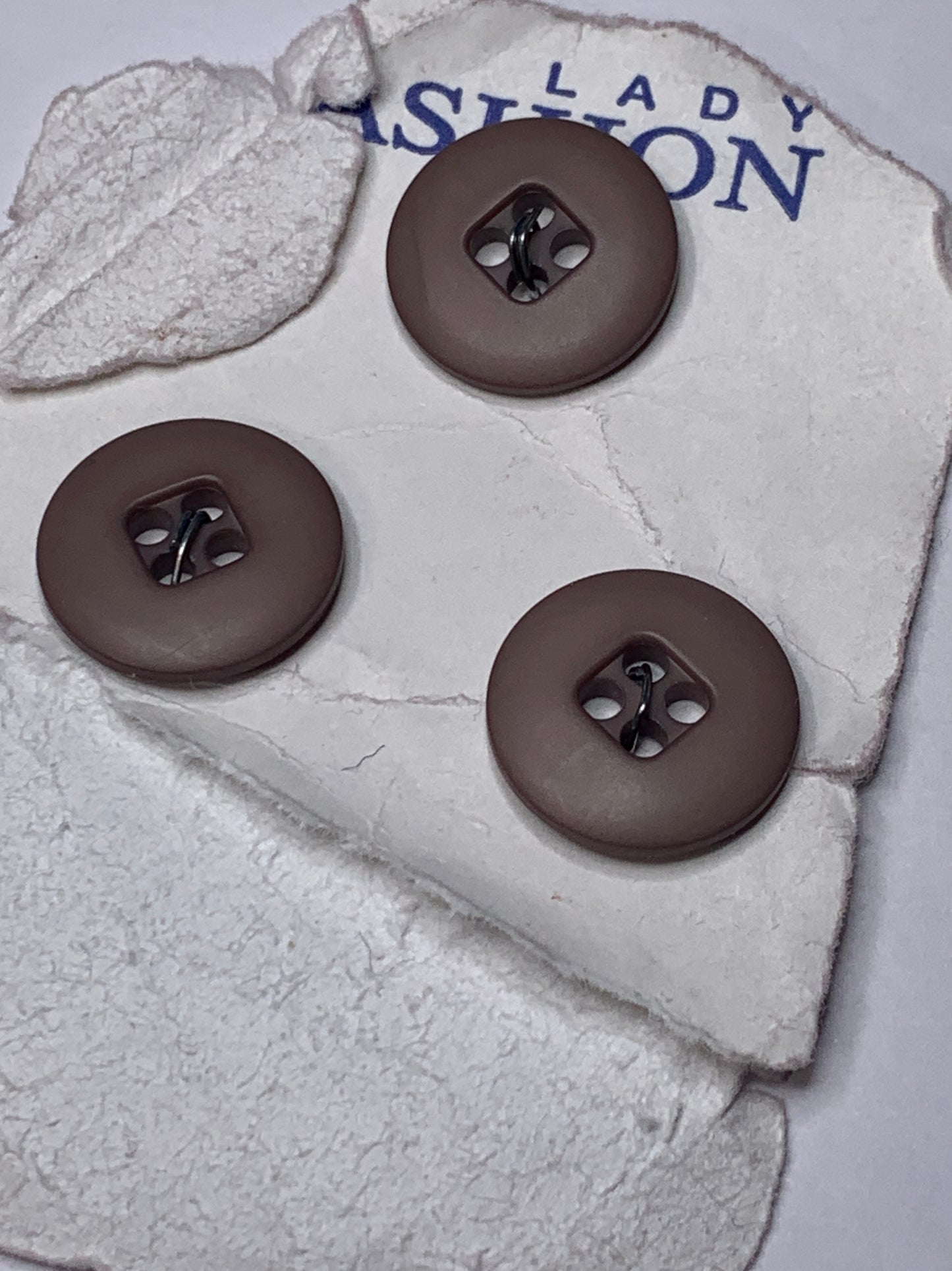 Vintage 3 Round Plastic Buttons, Four Holes, Brown, 1.5 cm, New/Old Stock