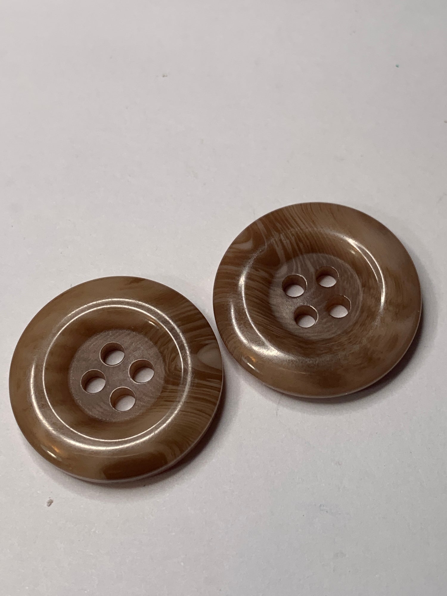 Vintage 2 Round Plastic Buttons, Four Holes, Brown, 2.0 cm, New/Old Stock