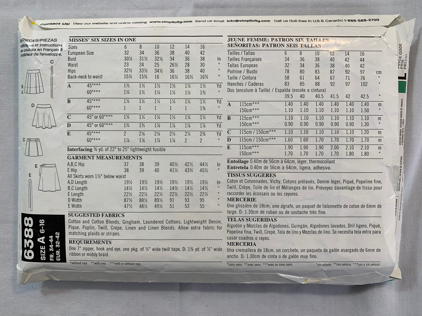 Simplicity New Look Sewing Pattern 6388 Misses' Skirts, Pleats, Tie Belt, 6 Variations, Size 6-16, Cut, 2004
