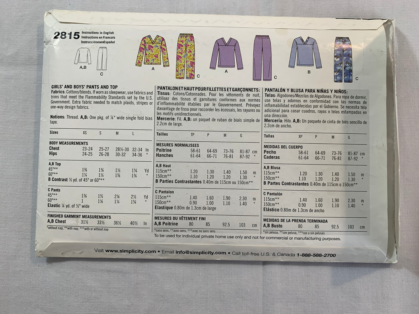 Simplicity Sewing Pattern 2815 Boys'/Girls' Pajamas, Loungewear, Tops, Pants, Elastic Waist, Long Sleeves, Pullover, Pull-On, Size 23-34 Chest, Uncut, 2001