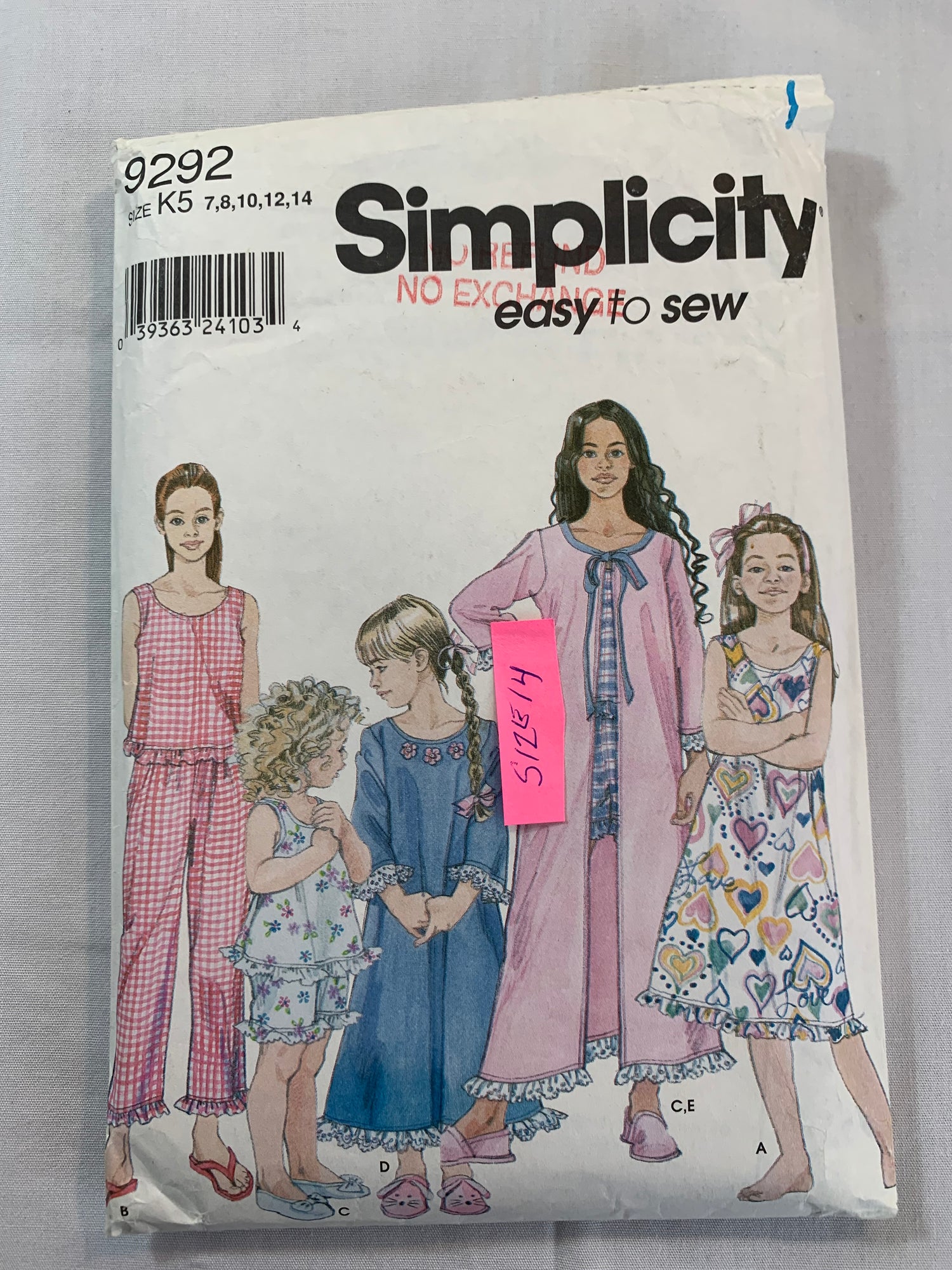Simplicity Sewing Pattern 9292 Girls' Pajamas, Nightgown, Robe, Two Lengths, Long Sleeves, Elastic Waist, Size 7-14. Cut, 2002