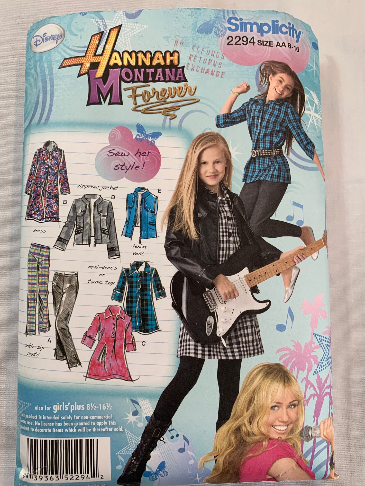 Simplicity Hannah Montana Sewing Pattern 2294 Girls' Plus Pants, Dress, Tunic, Jacket, Vest, Two Lengths, Button Front, Size 8-16, Cut, Vintage 1997