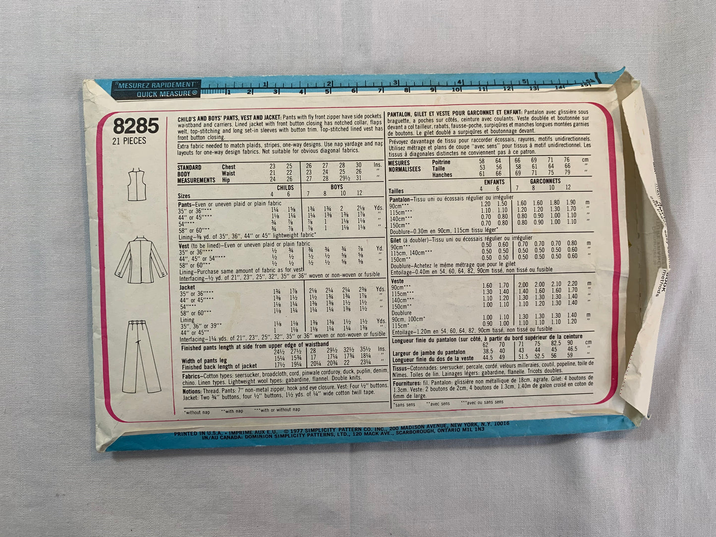 Simplicity Sewing Pattern 8285 Boys' Pants, Vest, Jacket, Zipper Front, Pockets, Elastic Waist, Button Front, Size 4-6, Cut, Vintage 1977