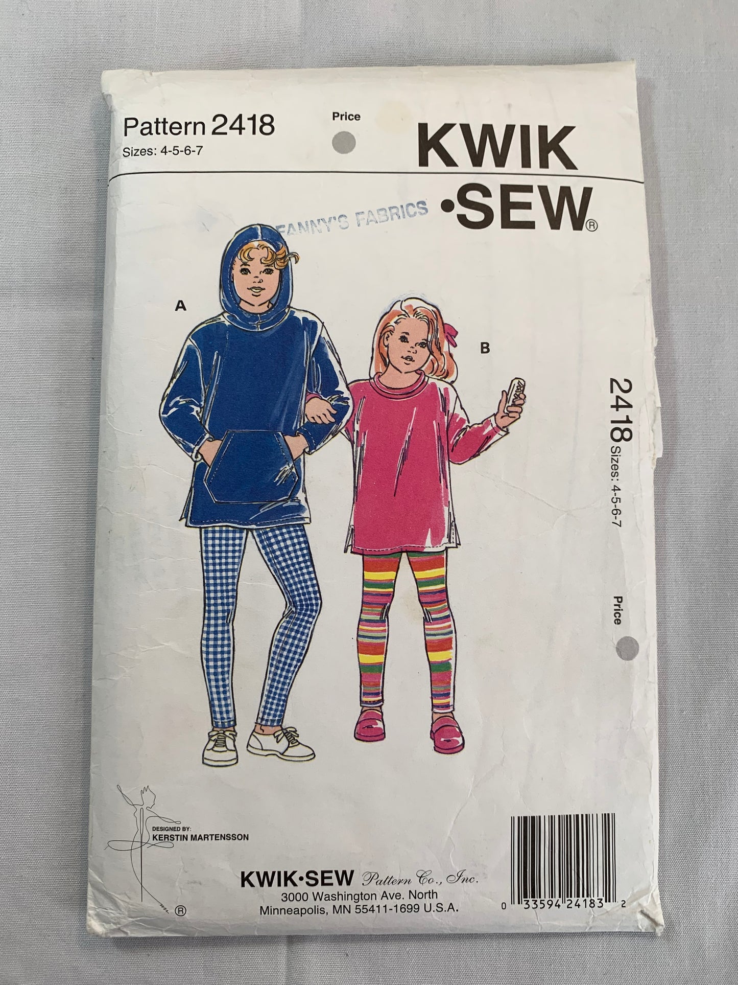 KWIK Sewing Pattern 2418 Girls' Tunic, Leggings, Elastic Waist, Pullover, Hood, Dropped Shoulders, Pocket, Size 4-7, Cut, Vintage 1995