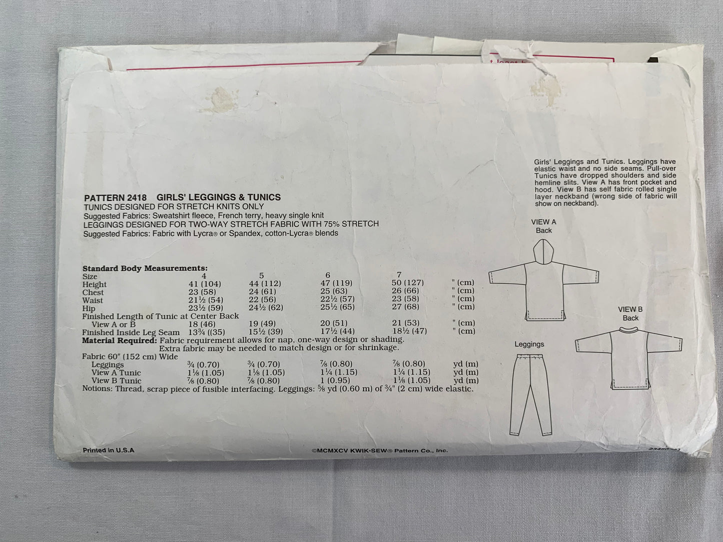 KWIK Sewing Pattern 2418 Girls' Tunic, Leggings, Elastic Waist, Pullover, Hood, Dropped Shoulders, Pocket, Size 4-7, Cut, Vintage 1995