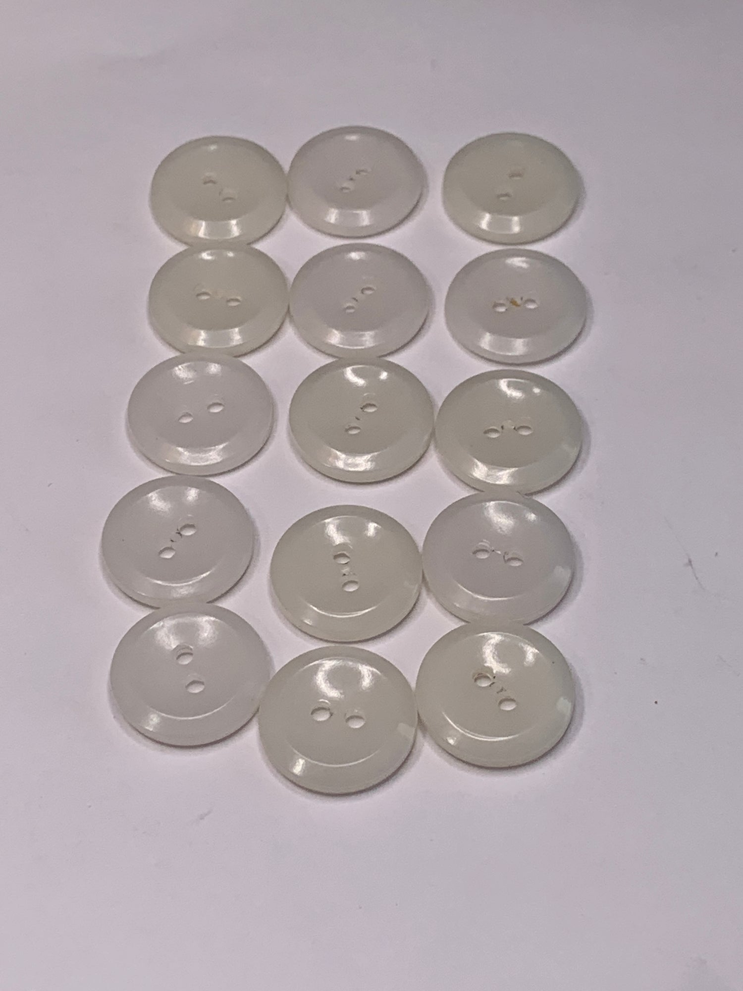 Vintage 15 Round Plastic Buttons, Two Holes, White, 1.5 cm, New/Old Stock