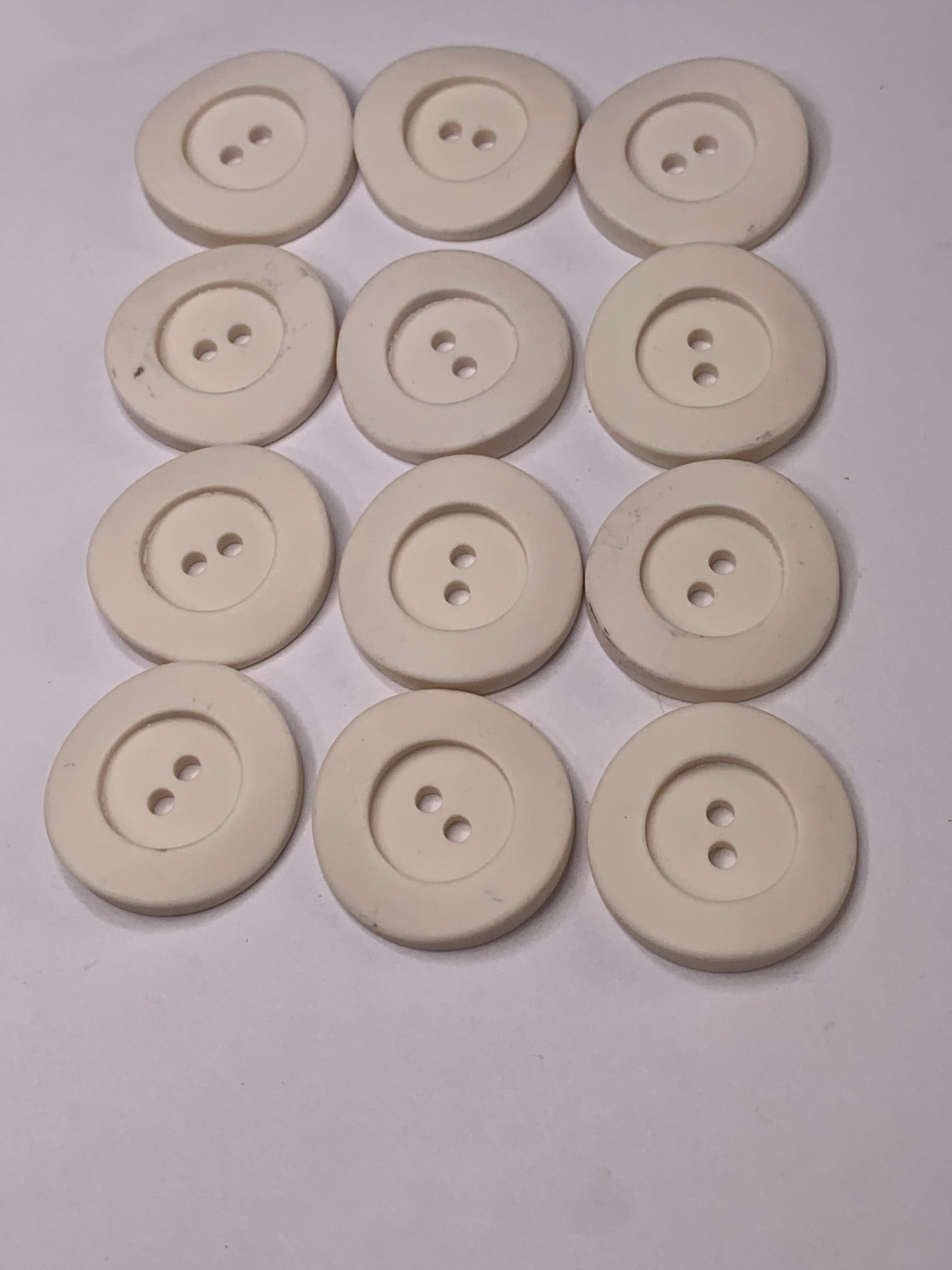 Vintage 12 Round Plastic Buttons, Two Holes, White, 2.2 cm, New/Old Stock