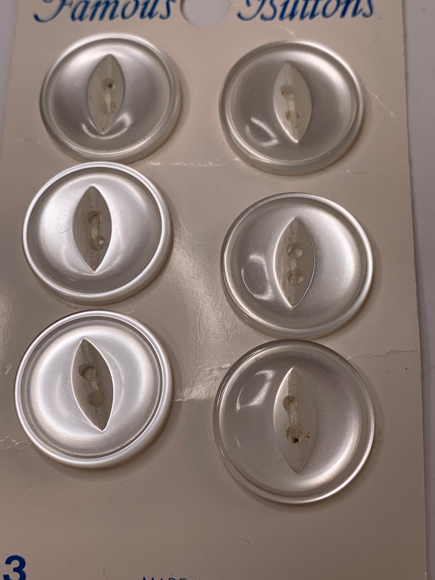 Vintage 6 Round Plastic Buttons, Two Holes, White, 2.0 cm, New/Old Stock