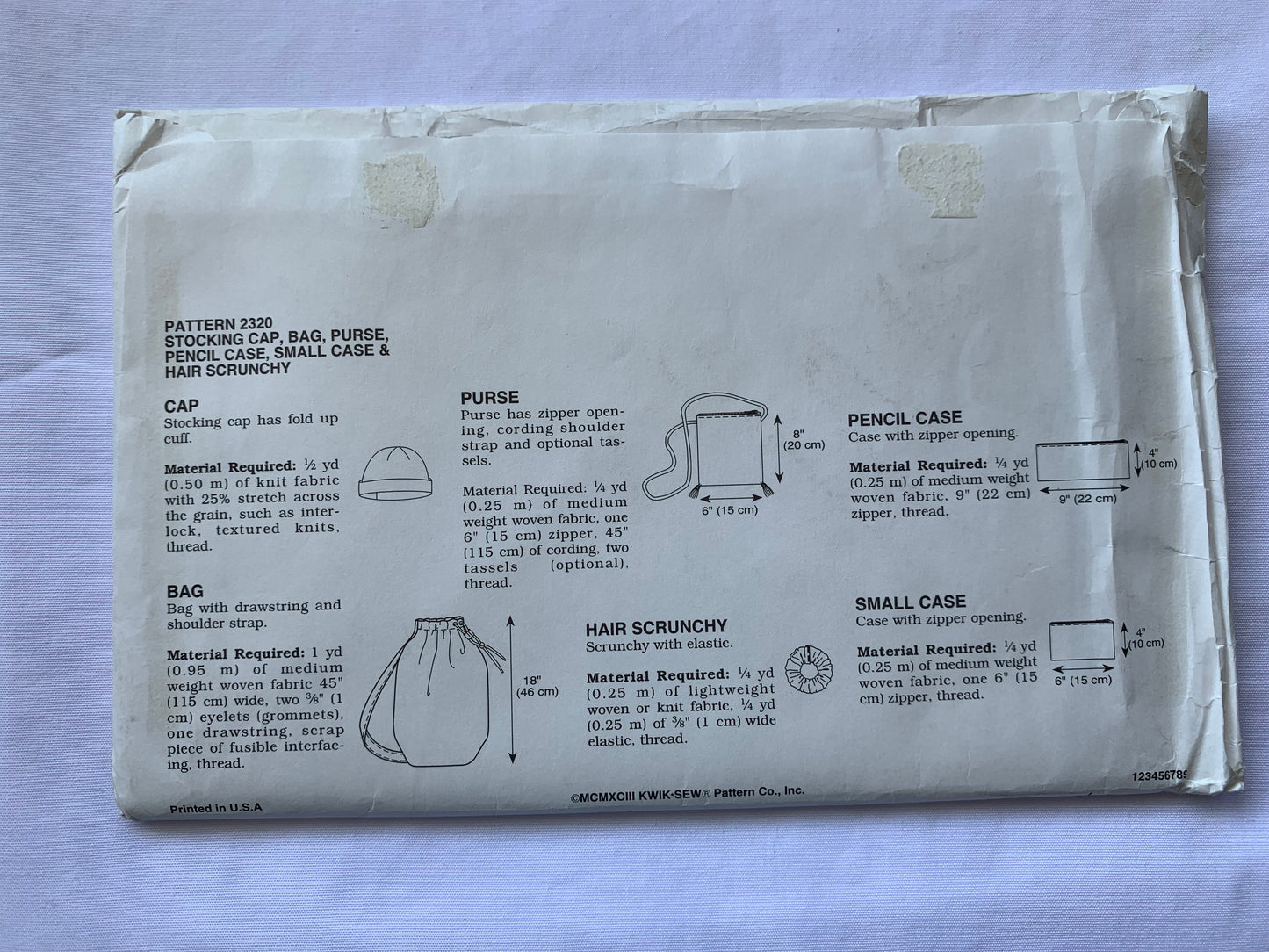 Kwik Sewing Pattern Crafts, Bag, Cap, Purse, Cases, Hair Scrunchy, Pencil Case, Small Case, Uncut, Vintage 1993