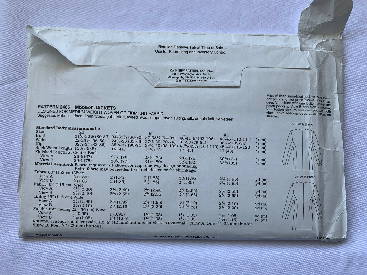 KWIK Sewing Pattern 2465 Misses' Jackets, Semi-Fitted, Shoulder Pads, Collar, Pocket, Two Lengths, Size 31-45 Bust, Uncut, Vintage 1998
