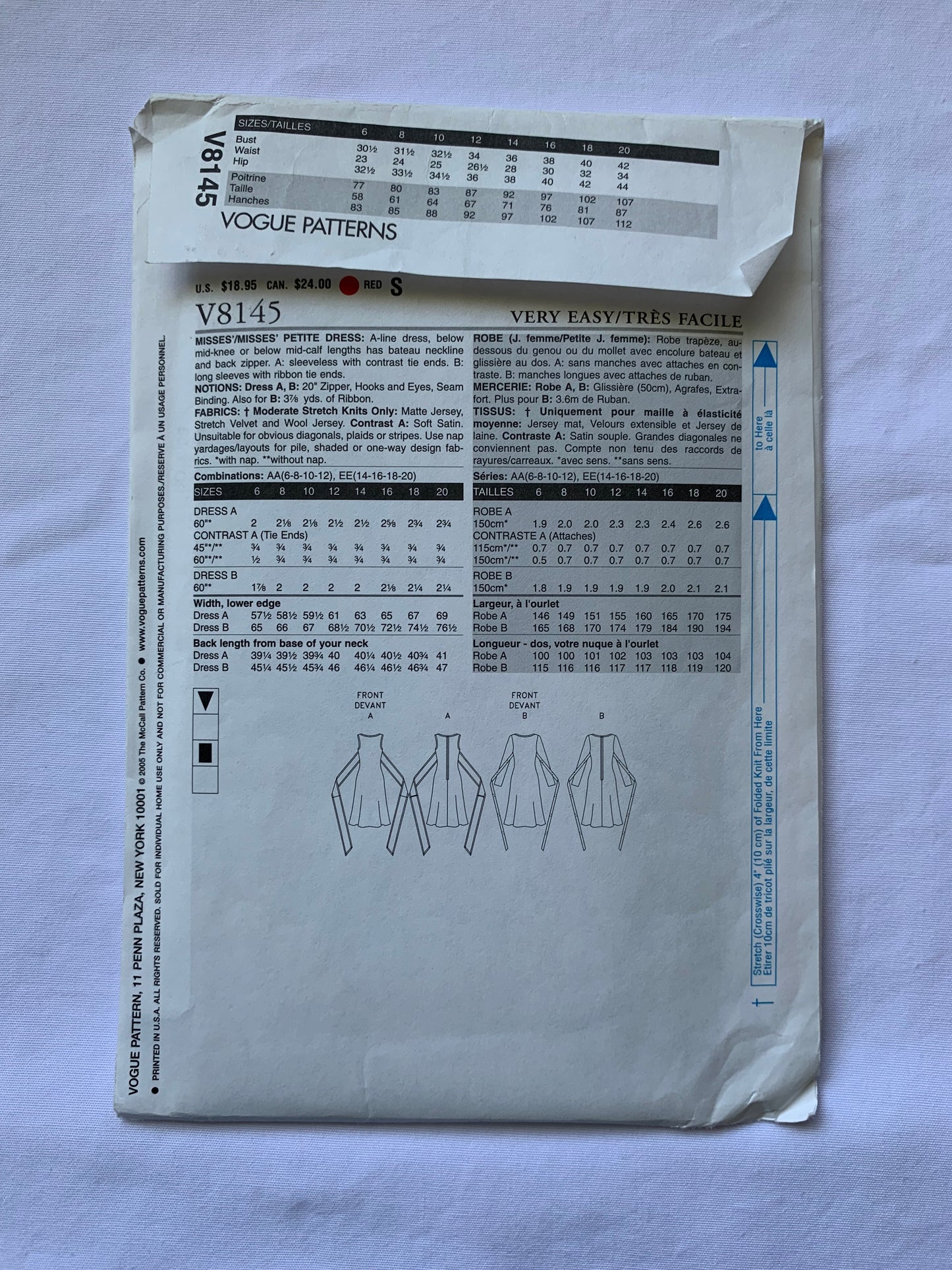 Vogue Sewing Pattern B8145 Misses'/Misses' Petite Dress, Two Lengths, A-Line, Zipper Back, Tie Ends, Sleeveless, Size 14-20, Uncut, 2006
