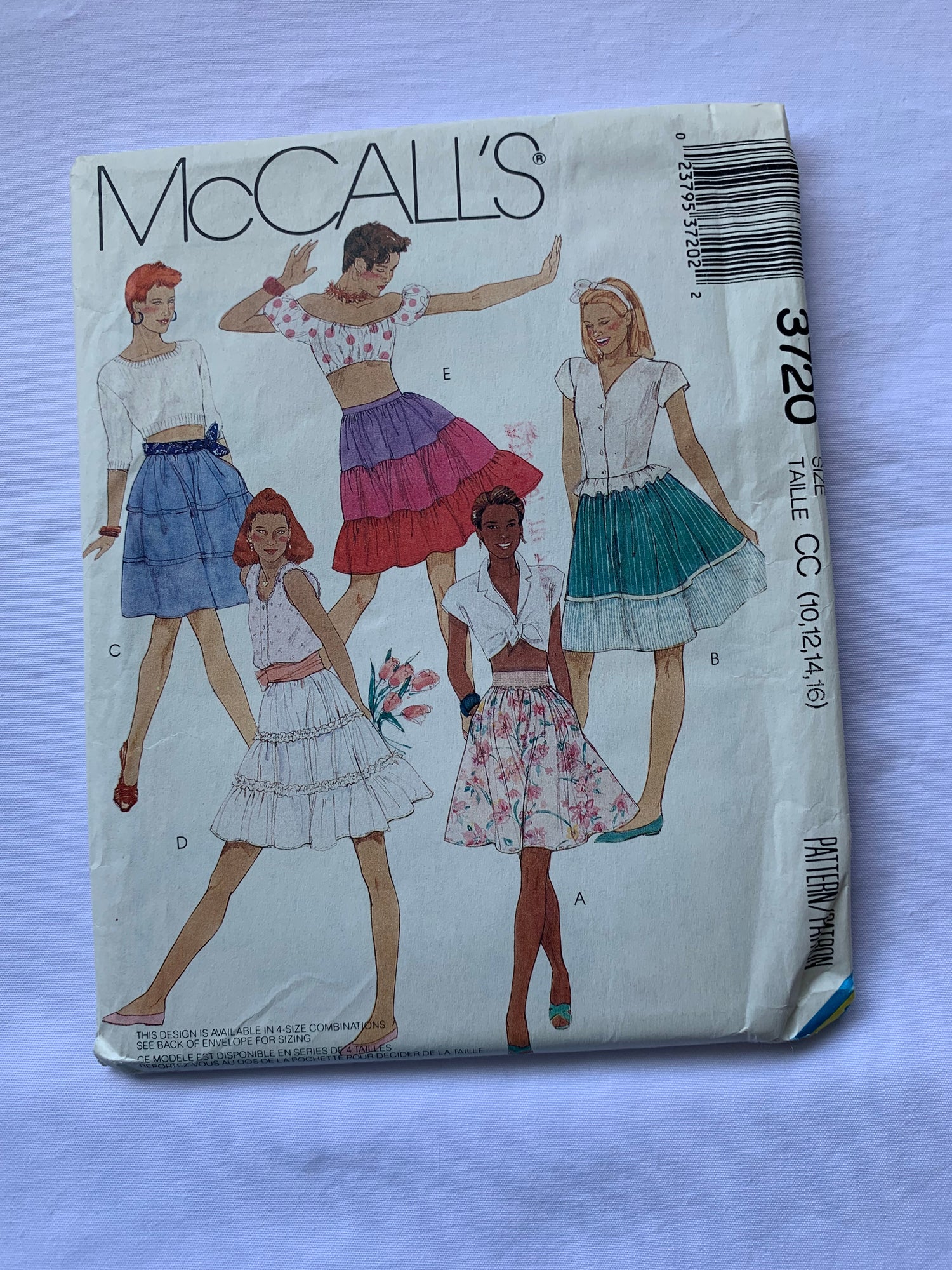 McCall's Sewing Pattern 3720 Misses' Skirt, Elastic Waist, Tiers, 5 Variations, Pockets, Ruffles, Uncut, Size 10-16, Vintage 1988