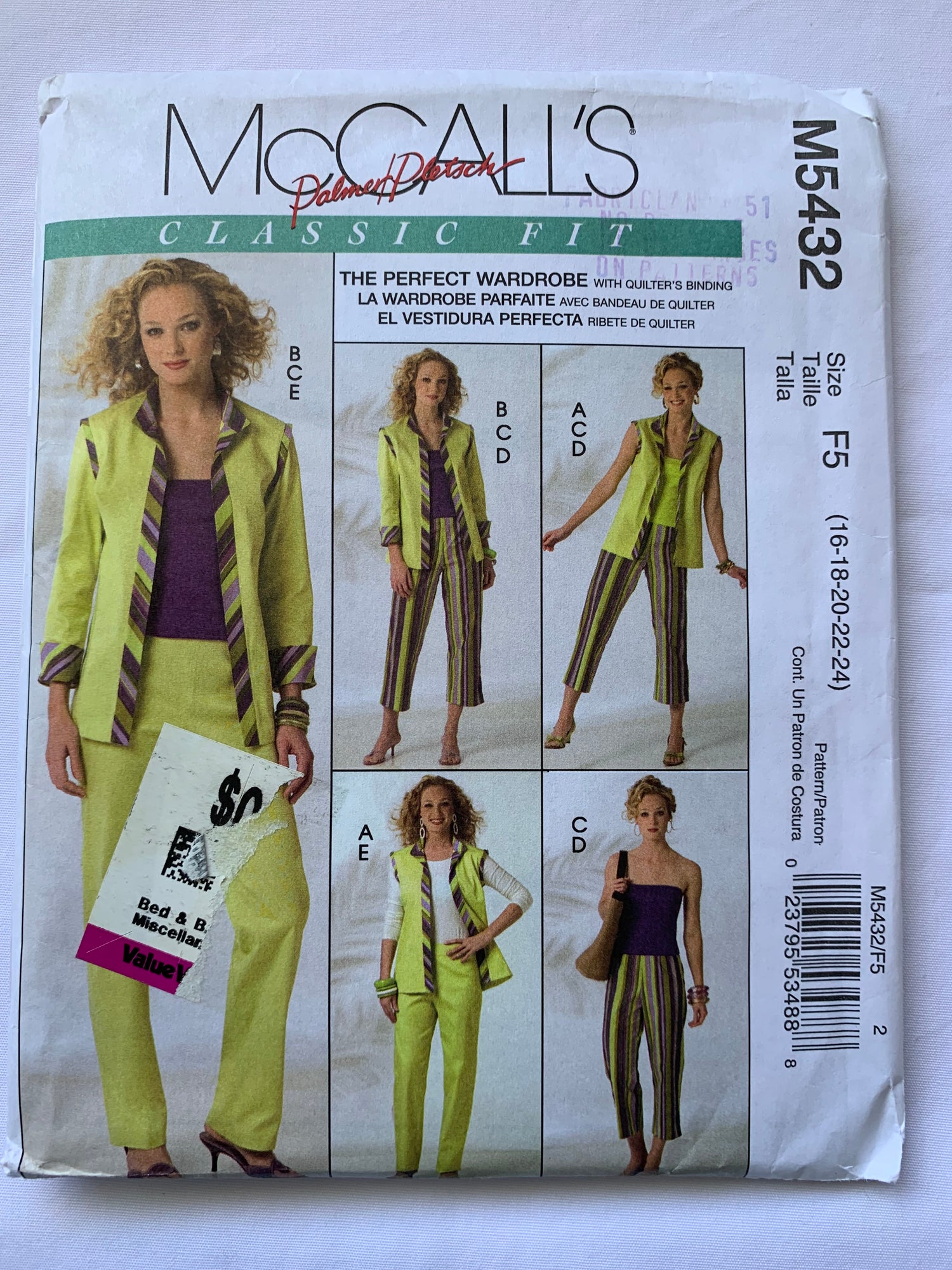 McCall's Sewing Pattern M5432 Misses' Vest, Jacket, Top, Pants, Two Lengths, Unlined, Collar, Zipper Back, Darts, Size 16-24, Uncut, 2007