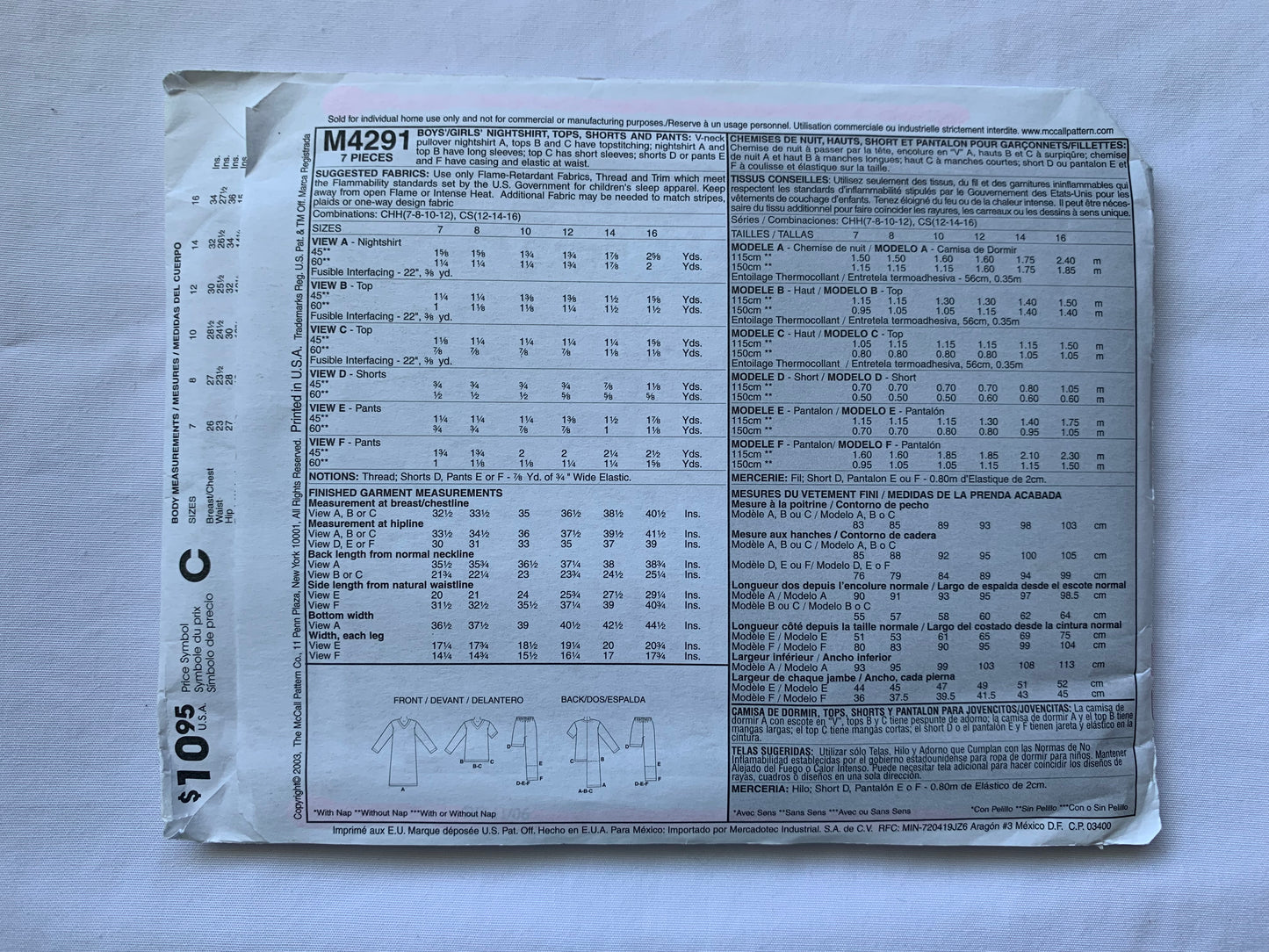 McCalls Sewing Pattern 4291 Boys'/Girls' Sleepwear, Pajamas, Top, Shorts, Pants, Elastic Waist, Pull-On, Long/Short Sleeves, Pullover, Size 7-12, Uncut, 2003