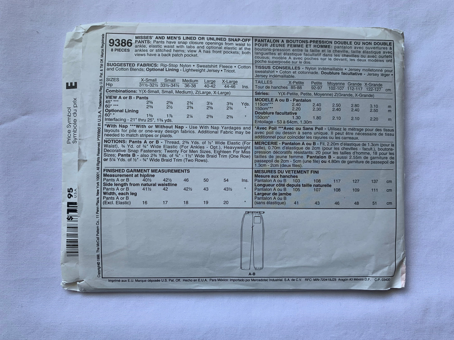 McCall's Sewing Pattern 9386 Misses'/Men's Lined/Unlined Snap-Off Pants. Pockets, Elastic Waist, Size 40-46, Uncut, Vintage 1998