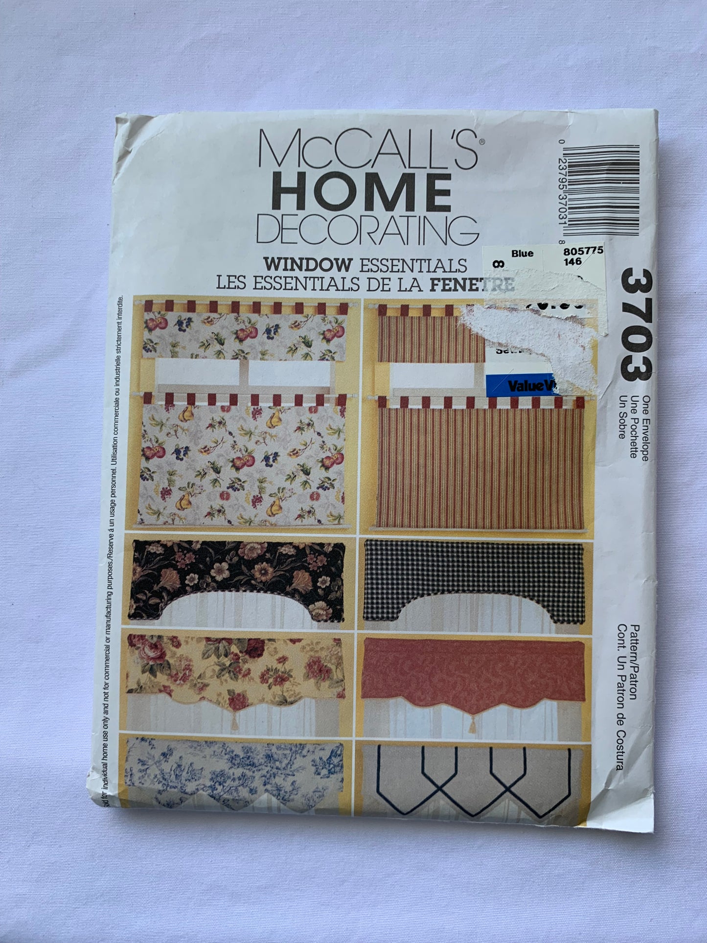 McCall's Home Decorating Sewing Pattern 3703 Window Coverings, Curtains, Reversible Valances, Cafe, 4 Variations, Uncut, 2002