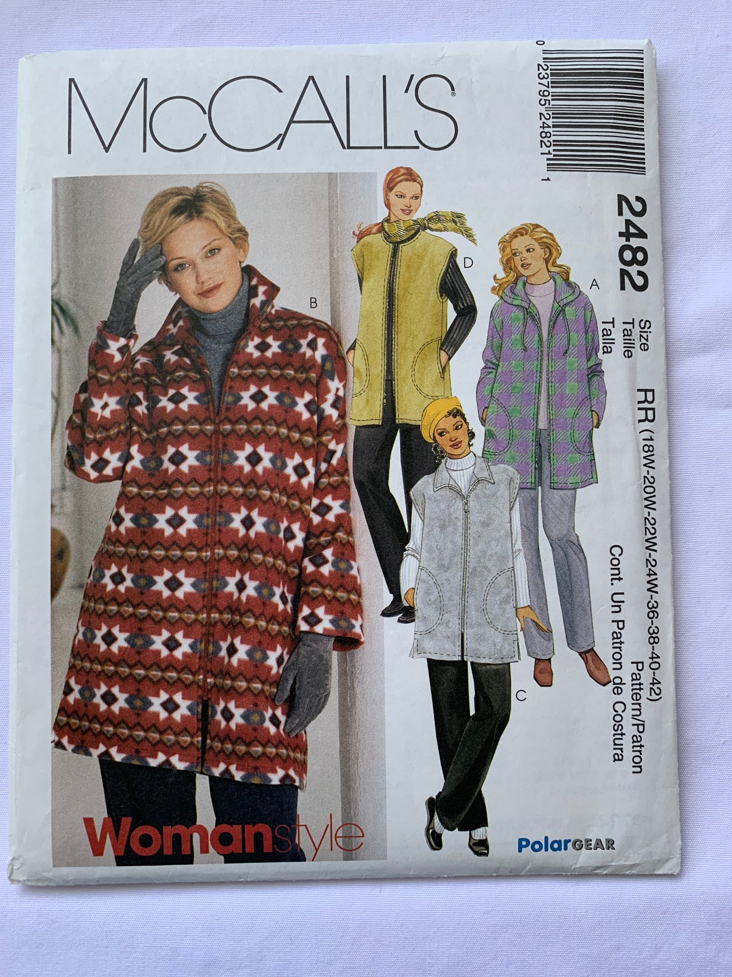 McCall's Sewing Pattern 2482 Misses' Unlined Jacket, Vest, Oversized, Zipper Front, Pockets, Side Slits, Hood, Collar, Long Sleeves, Sleeveless, Size 18W-24W, Uncut, Vintage 1999