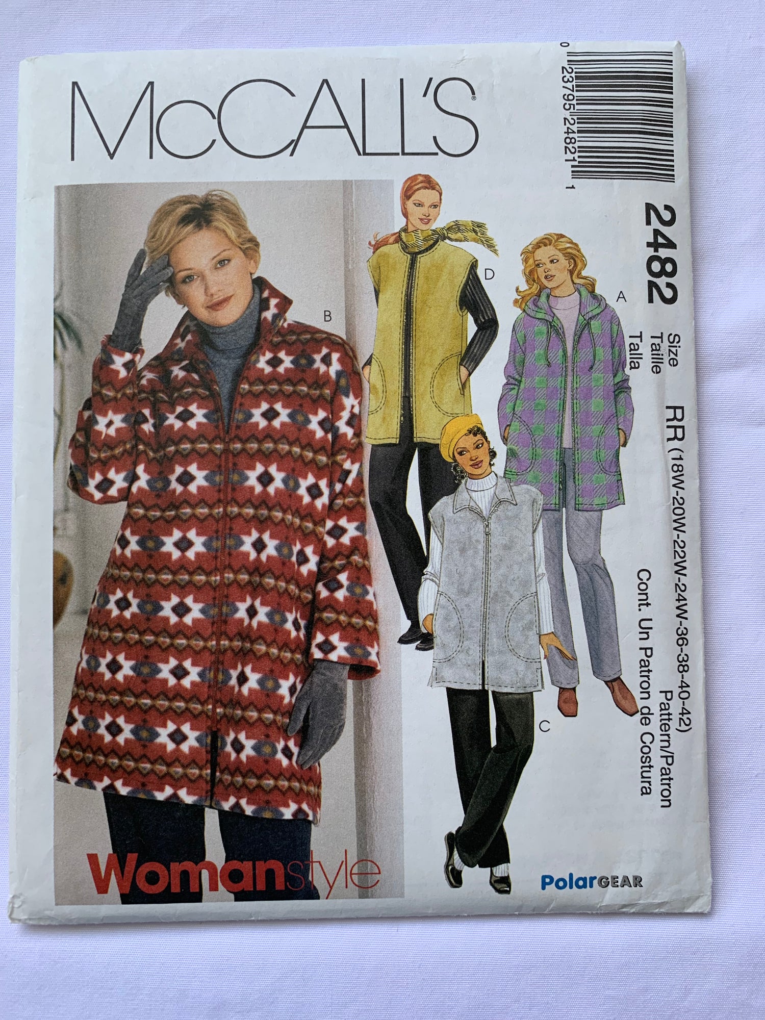McCall's Sewing Pattern 2482 Misses' Unlined Jacket, Vest, Oversized, Zipper Front, Pockets, Side Slits, Hood, Collar, Long Sleeves, Sleeveless, Size 18W-24W, Uncut, Vintage 1999