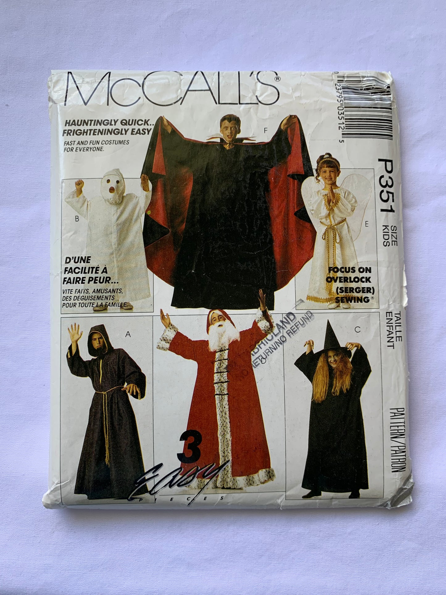 McCall's Sewing Pattern P351 Girls' Costume, Halloween, Witch, Angel, Vampire, Santa, Monk, Ghost, Hats, Size 3-6, Uncut, 2001