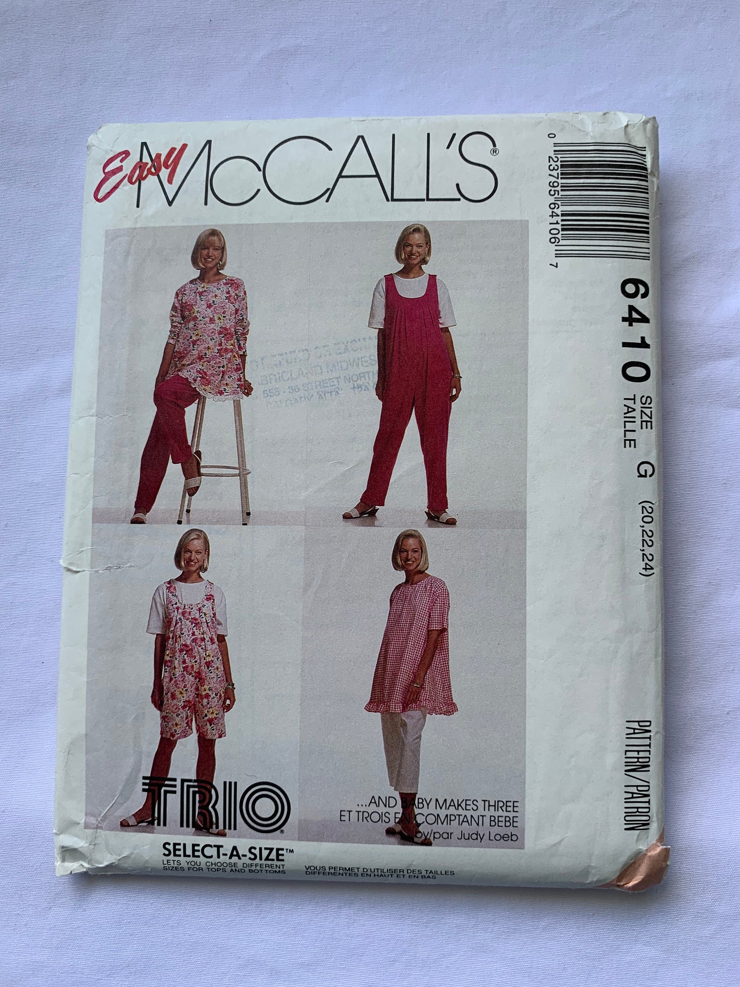 McCall's Sewing Pattern 6410 Misses' Maternity Tunic, Jumpsuit, Two Lengths, Pants, Size 20-24, Uncut, Vintage 1993