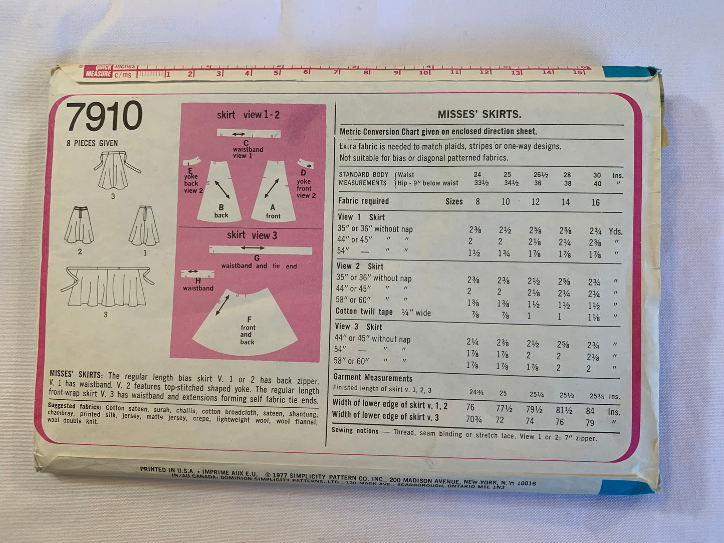 Simplicity Sewing Pattern 7910 Misses' Skirt, Zipper Back, 3 Variations, Front Wrap, Tie Ends, Full Skirt, Size 10, Uncut, Vintage 1977