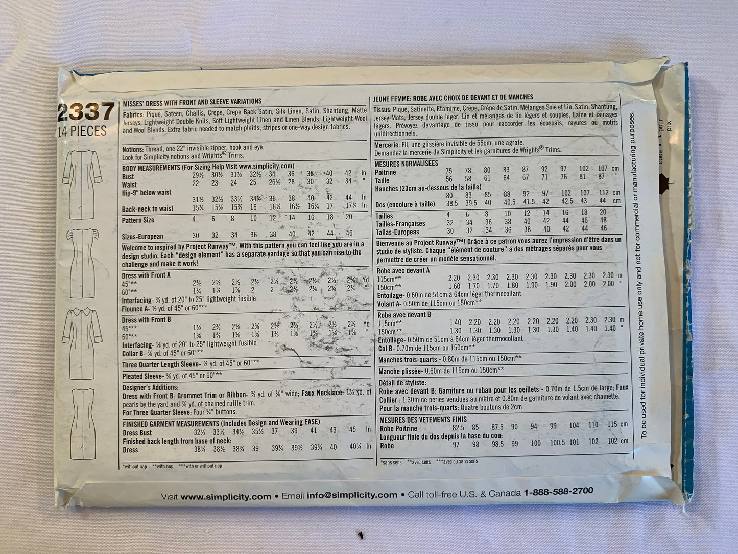Simplicity Project Runway Sewing Pattern 2337 Misses' Dress, Long/Short Sleeves, Zipper Back, Sleeveless, Princess Seams, Size 4-12, Uncut, 2010