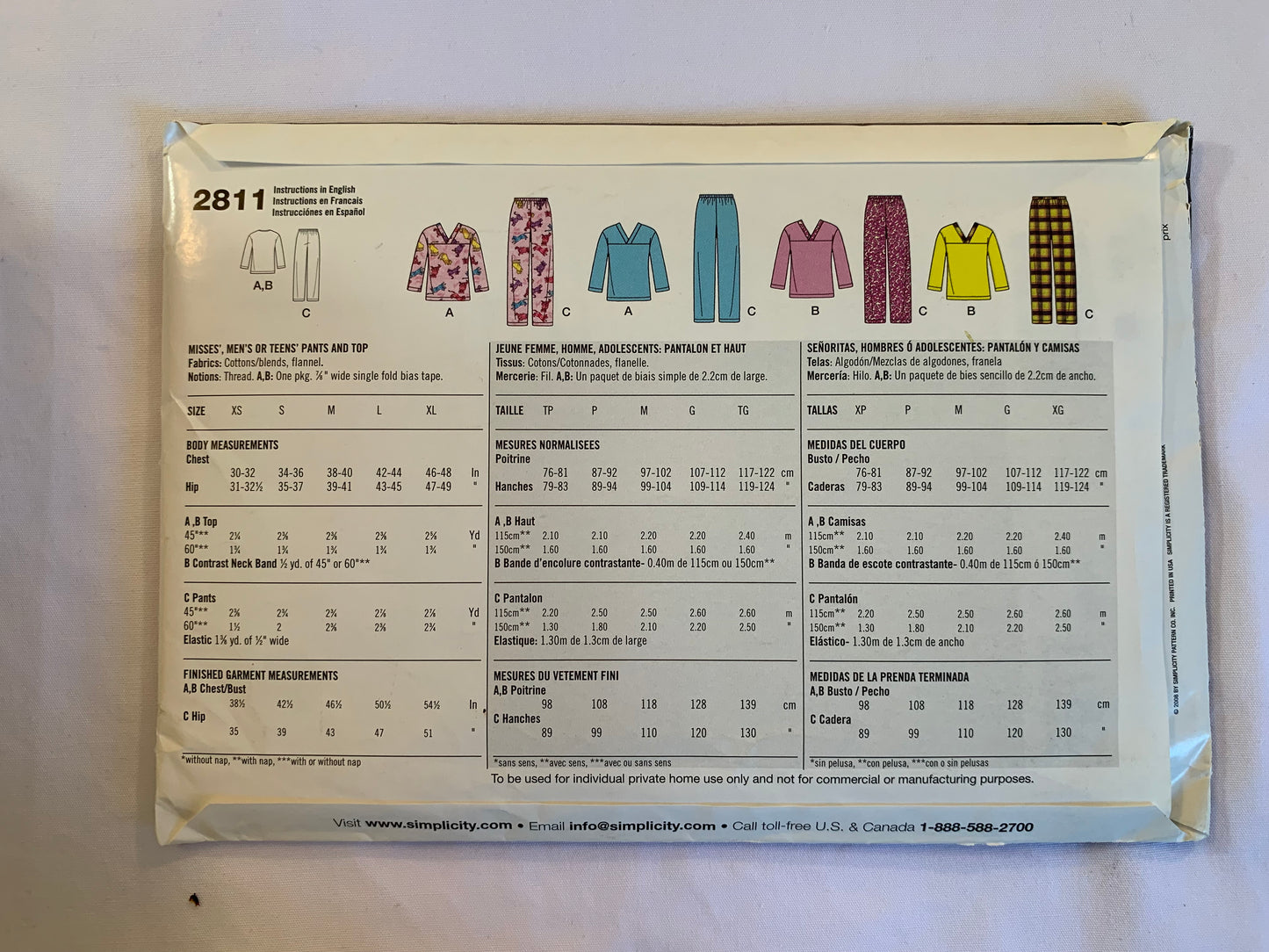 Simplicity Sewing Pattern 2811 Misses'/Men's/Teens' Sleepwear, Pajamas, Top, Pants, Elastic Waist, Pullover, V Neck, Long Sleeves, Size 30-48, Uncut, 2008