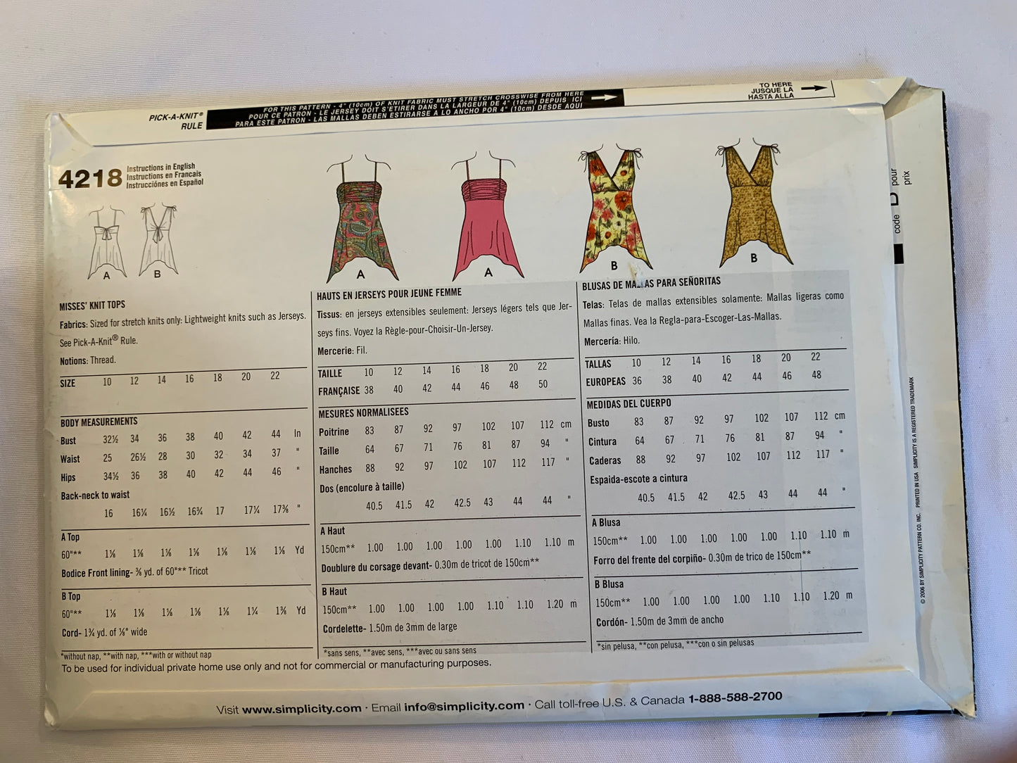 Simplicity Sewing Pattern 4218 Misses' Knit Top, Shoulder Straps, 2 Variations, Halter Top, Size 10-22, Uncut, 2007