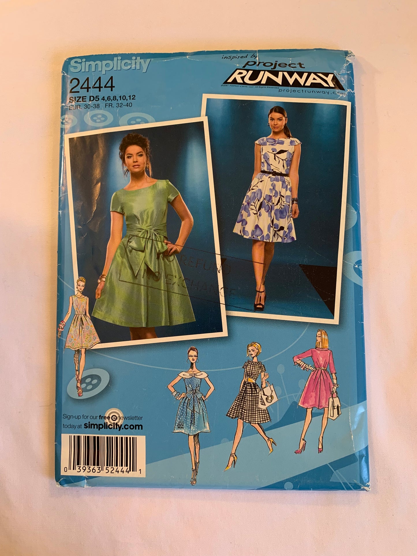 Simplicity Project Runway Sewing Pattern 2444 Misses' Dress, Collar, Long/Short Sleeves, Sleeveless, Zipper Back, Gathered Waist, Full Skirt, Size 4-12, Uncut, 2010