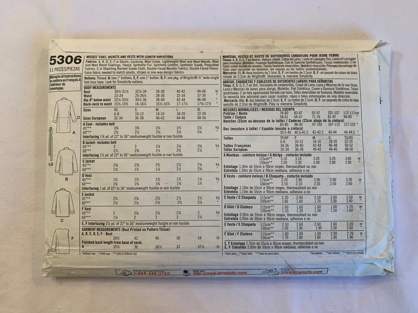 Simplicity  Sewing Pattern 5306 Misses' Coat, Jacket, Vest, Two Lengths, Tie Belt, Long Sleeves, Sleeveless, 6 Variations, Size 18-24, Uncut, 2009