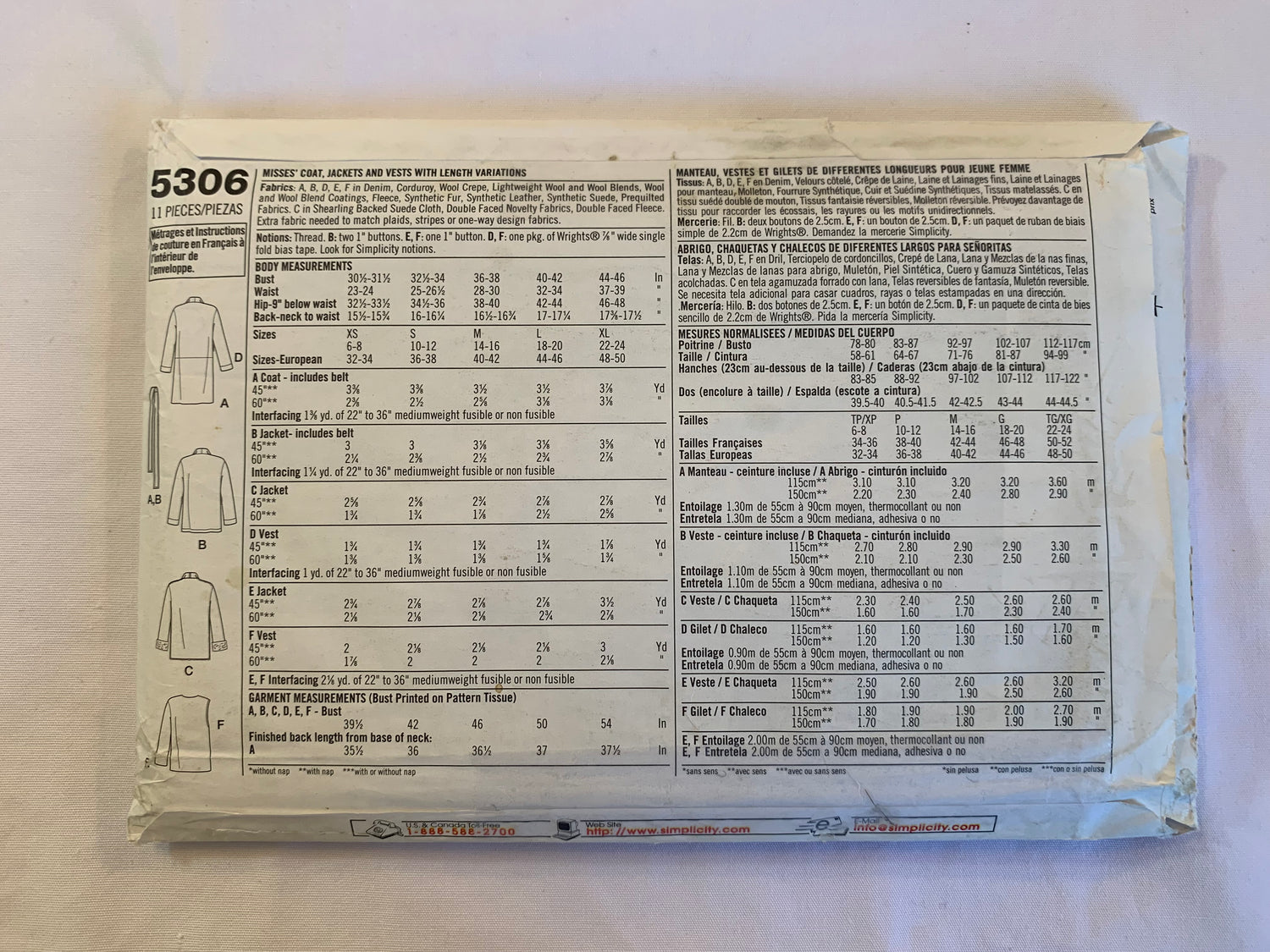 Simplicity  Sewing Pattern 5306 Misses' Coat, Jacket, Vest, Two Lengths, Tie Belt, Long Sleeves, Sleeveless, 6 Variations, Size 18-24, Uncut, 2009