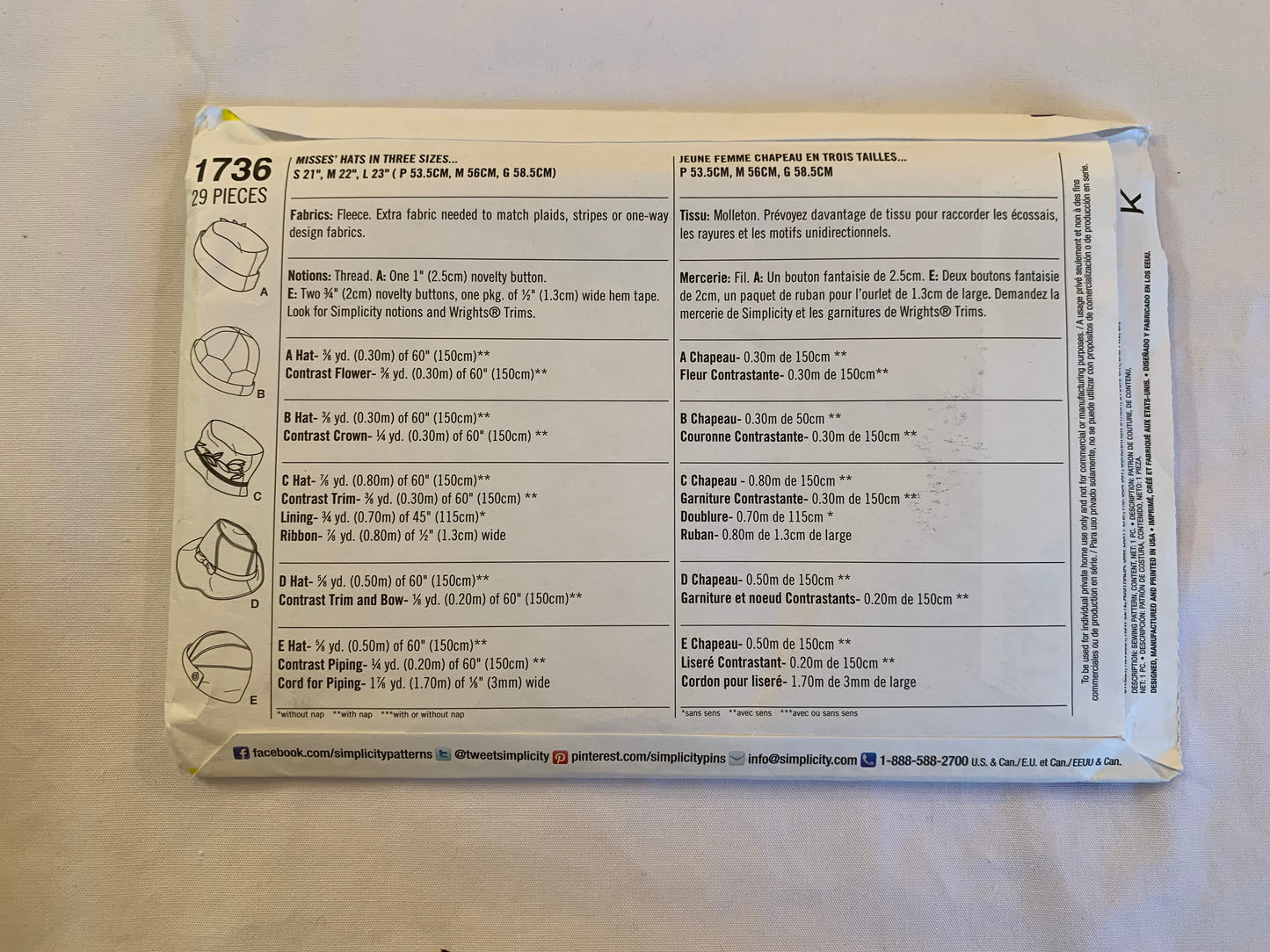 Simplicity Sewing Pattern 1736 Misses'/Teens Hats, Sizes S(21"), M (22"), L (23"), 5 Variations, Uncut, 2012